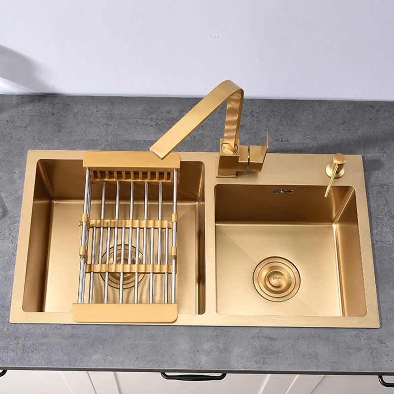 Gold Kitchen Sink kitchen accessories kitchen sink Above Counter or Undermount 304 Stainless Steel double Bowl Goldn Basket Drainer Soap Dispenser Washing Basin