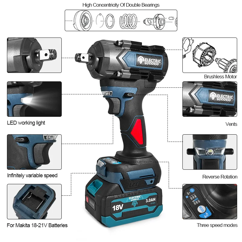 EGOD Brushless Cordless Electric Impact Wrench For Tire Load and
