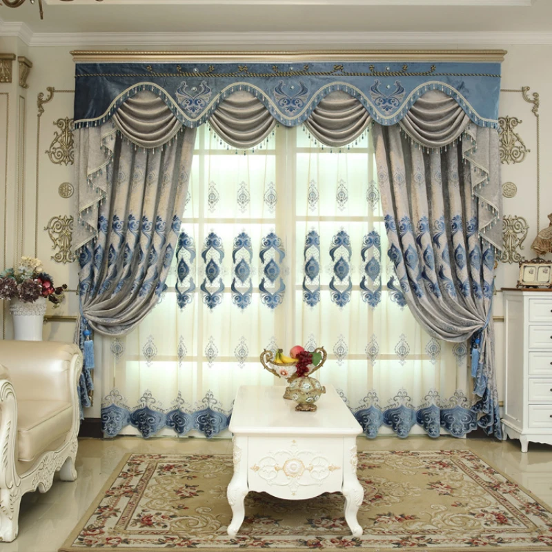 

European Grey Gold Wire Chenille European Embroidered Curtains for Living Dining room Bedroom Tulle Valance Customization