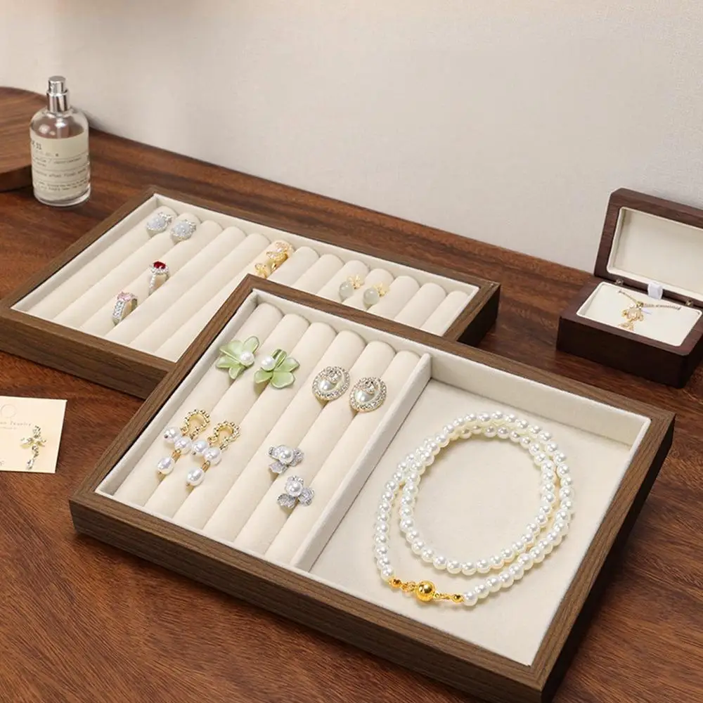 Elegant Walnut Wood Grain Jewelry Display Tray - Retro-Style Storage for Earrings, Rings, Necklaces, and Pendants
