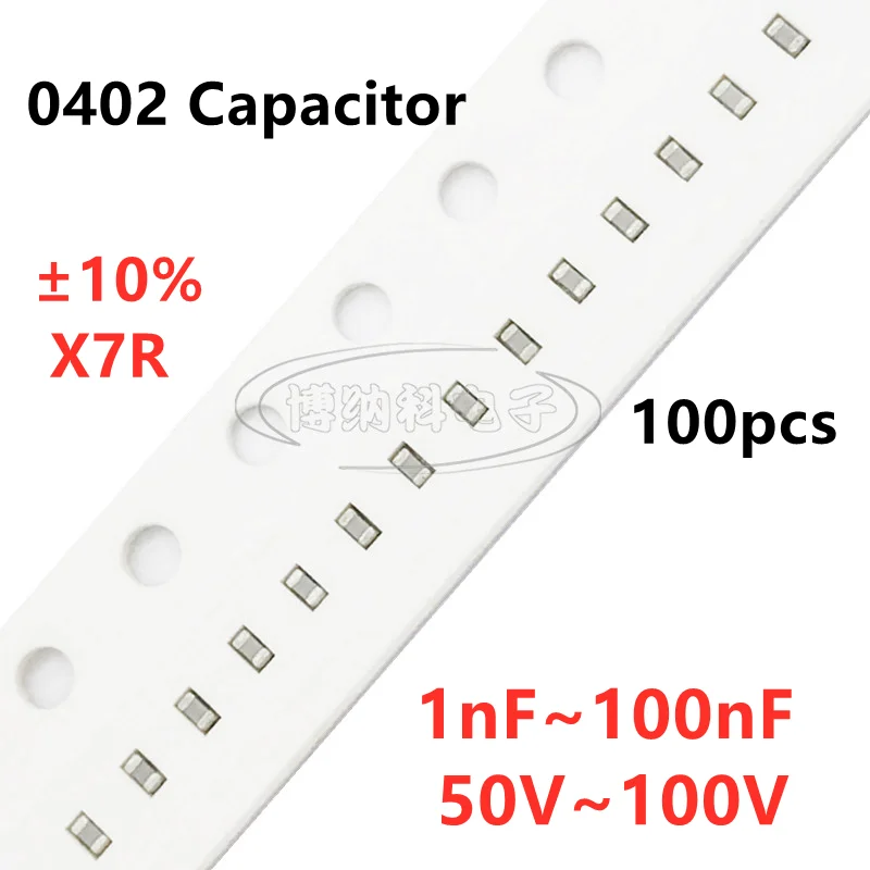 

100pcs 0402 SMD Capacitor 1/1.2/1.5/1.8/2.2/2.7/3.3/3.9/4.7/5.6/6.8/8.2/10/12/15/18/22/27/33/39/47/56/68/82/100NF 100V 10% X7R