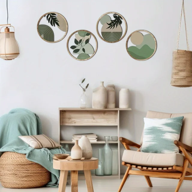 4 Bohemian Wall Art Set - Wooden Bohemian Decor, Geometric Hanging Artwork, Suitable for Baby Room, Farmhouse Aesthetic Minimali 2