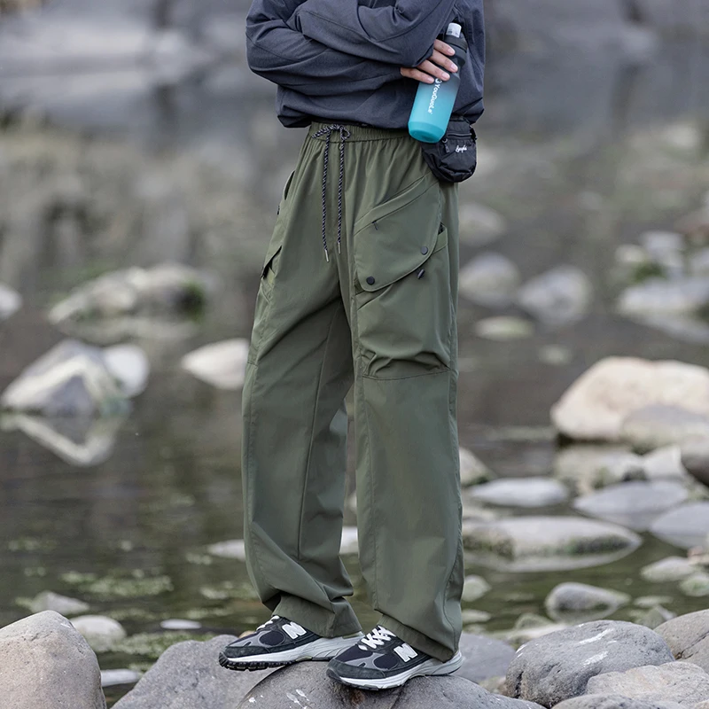 Men's Green Quick Dry Cargo Hiking Pants with Drawstring Waist