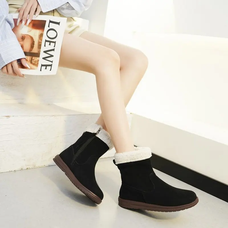 2023 Snow Boots Side Zipper with Suede leather Warm Cotton Women Boots Winter Women's Slip On Moccasins Warm Fur Lined Loafers