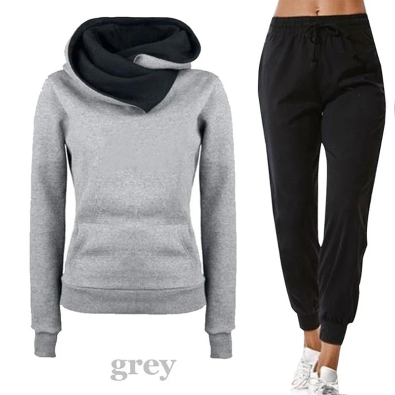 Autumn and Winter Women's Bicolor Hat High Collar Hoodie Set Solid Color Pullover Hoodie Long Sleeve+Sports Pants Sports Set