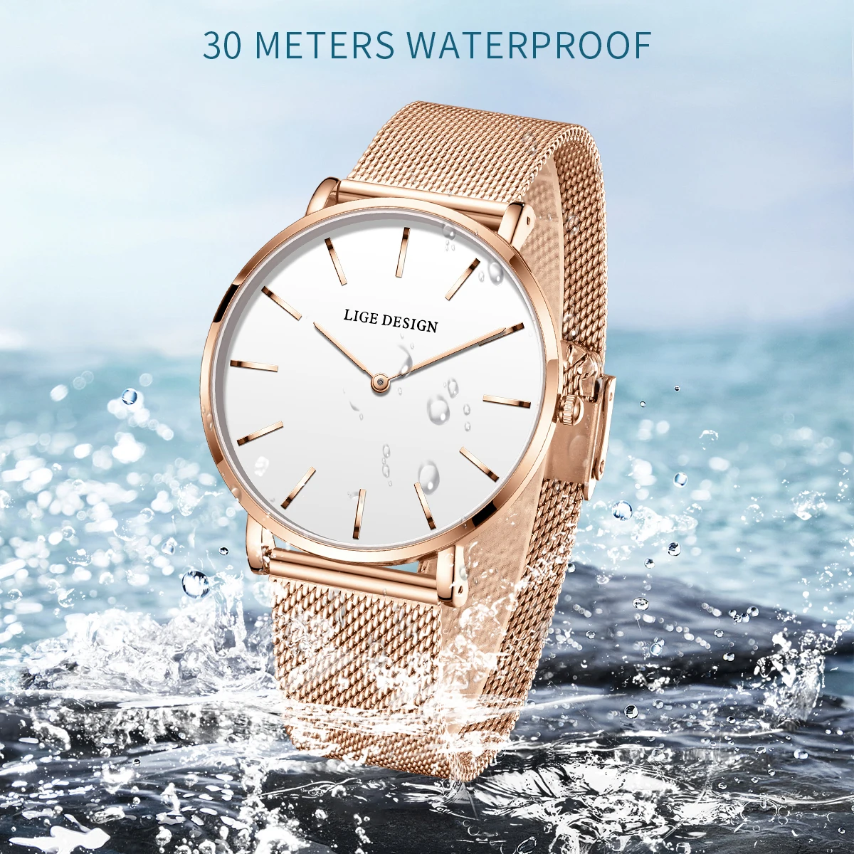 LIGE New Women Bracelet Watch Waterproof Quartz Movement Simple Rose Gold Stainless Steel Mesh Student Watches Relogio Feminino