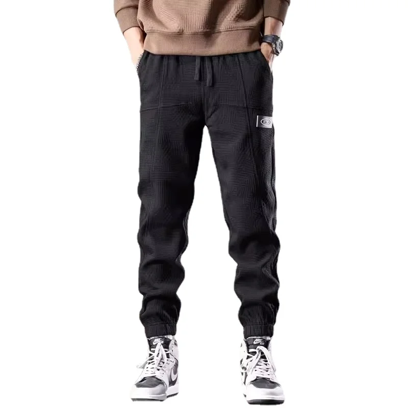 Autumn Black Elastic Waist Pants Men Casual Baggy Pencil Pants Streetwear Clothing Korean Style Drawstring Jogging Trousers