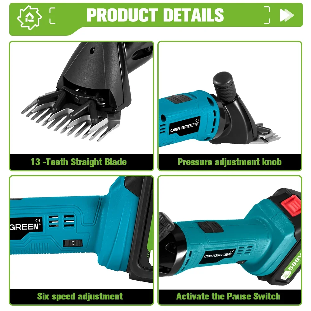 ONEGREEN 6 Speed 13 Teeth Electric Wool Shears Pet Machine Wool Cut Goat Pet Animal Shearing Supplies for Makita 18V Battery Pin