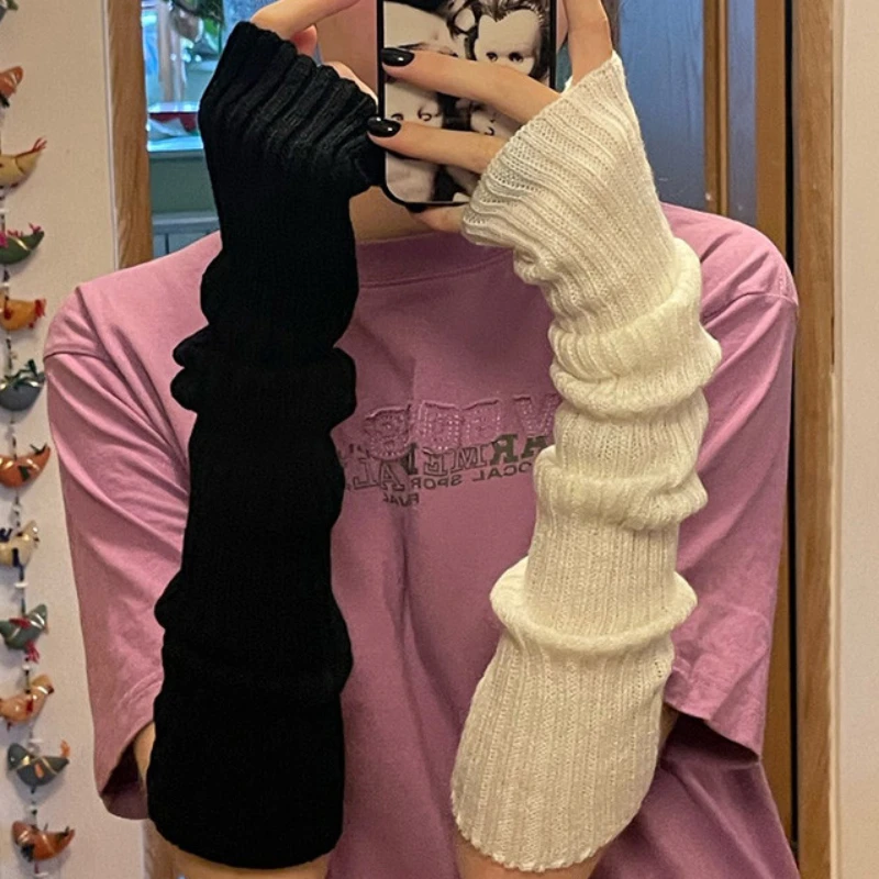 Ins Long Fingerless Gloves Knitted Mittens Winter Gothic Knitting Glove Y2K Girls Gloves Streetwear Arm Sleeves Warmer Harajuku