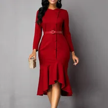 

Fashion Women Dress OL Commuter Long Sleeve Round Neck High Waist Patchwork Single-breasted Winter Autumn Mermaid Dress For Lady