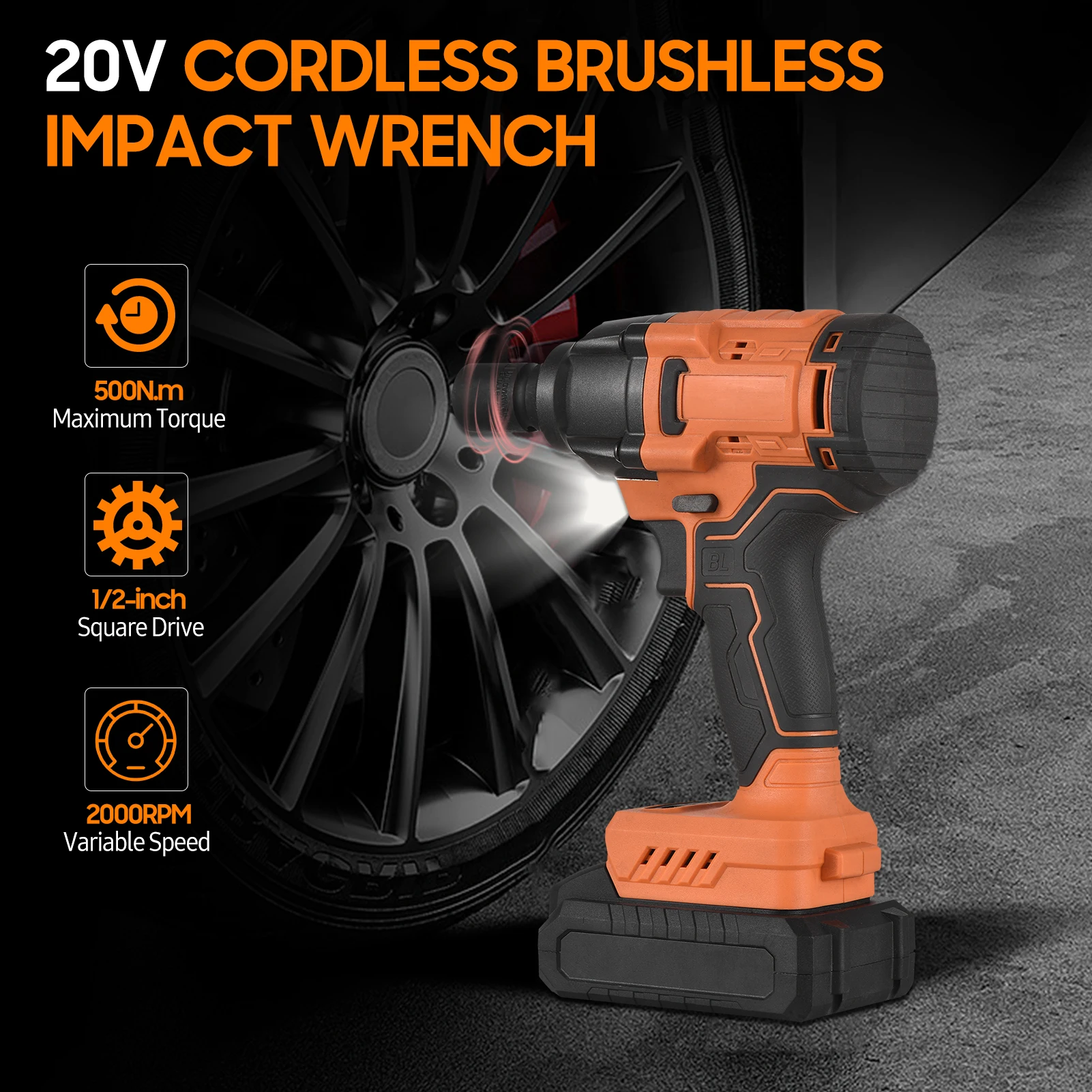 

20V Cordless Brushless Impact Wrench with 1/2in Chuck Variable Speed 420N.m Torque Handheld Power Wrench for Garden Auto Repair
