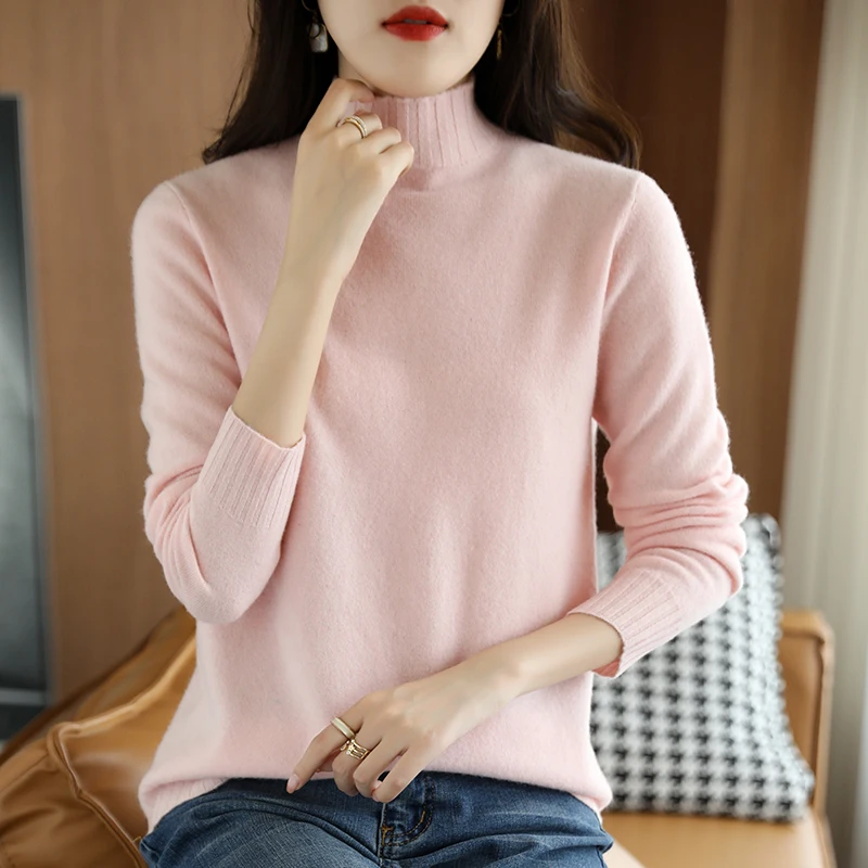 

Autumn and winter new semi-turtleneck sweater women's loose inner layer with a mid-neck cropped long-sleeved wool knit
