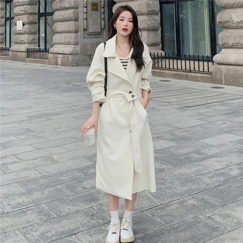 

White Trench Coat for Women 2023 Autumn New Single Breasted Belt Elegant England Style Casual Loose Long Windbreaker Jacket 2306