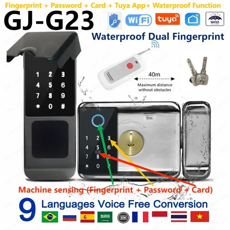 Home Fingerprint Lock Tuya APP Outdoor Waterproof Smart Remote Control Magnetic IC/ID Card Unlock for Door Thickness 20-65mm