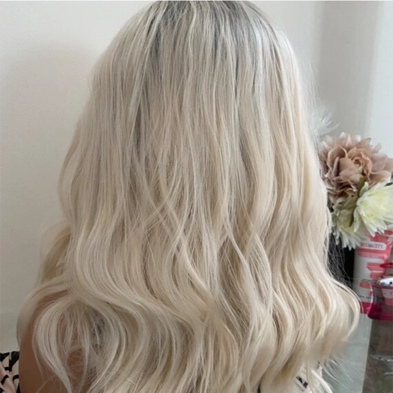 Platinum Blonde Lace Front wig With Grey Roots Thick Shoulder Wavy Synthetic Hair 16" 150% Density Ready to Ship 10% Human Hair