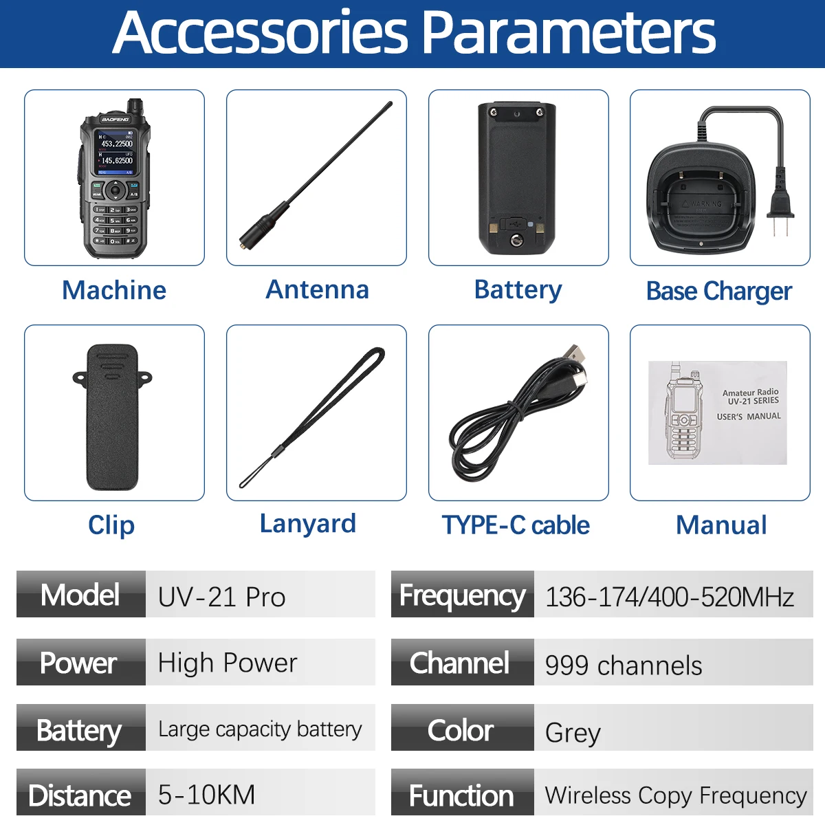 Baofeng-Walkie Talkie sem fio UV 21 pro, Frequência de cópia, 16 km de longo alcance, lanterna impermeável, carregador tipo C, radioamfiador, UV 5R