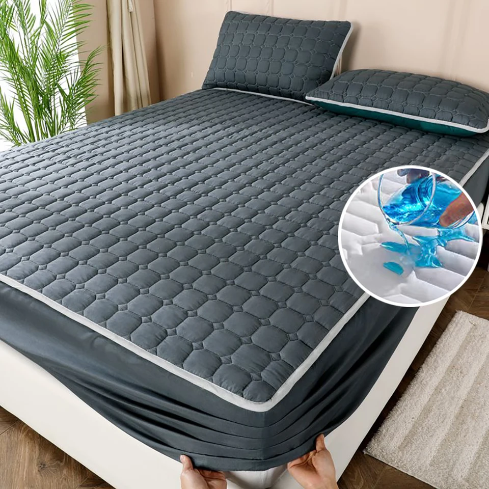 Thickened Non Slip Bed Sheets Waterproof Breathable Elastic Mattress  Protector Cover Queen Size Quilted Process Fitted Sheet