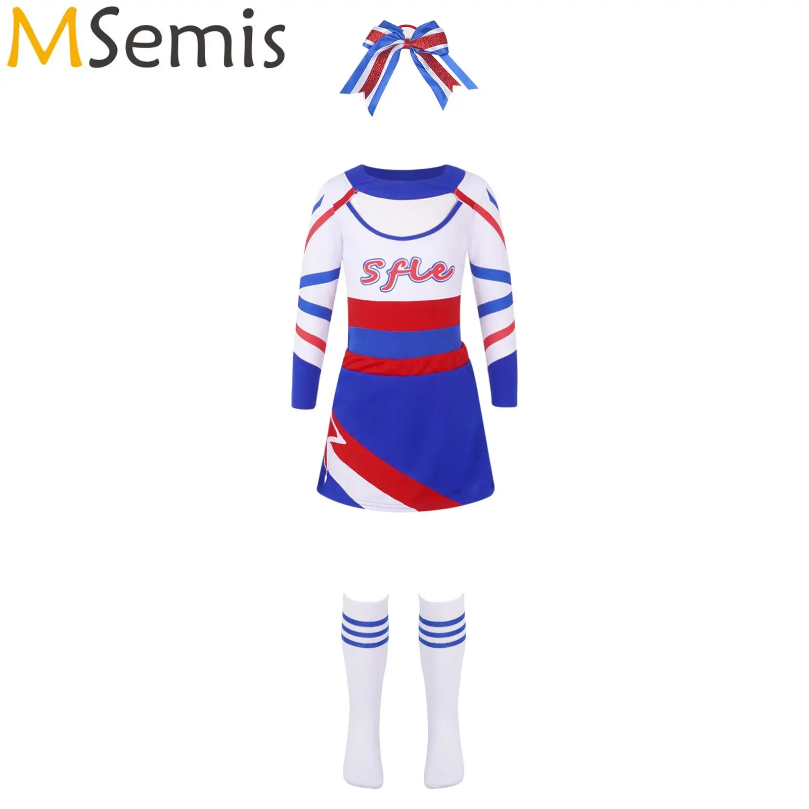 

Kids Girls Cheerleading Outfit Long Sleeve Cheerleader Costume Headgear and Stockings Suit for Performance Dancing Cheer Cosplay