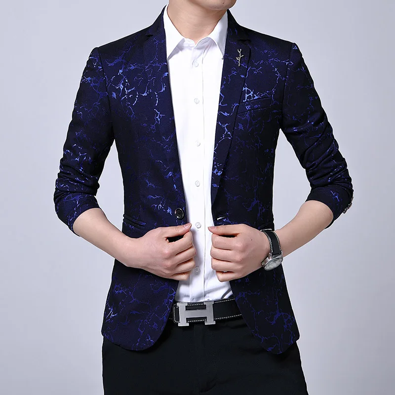 Men's Korean Slim Fit Dark Floral Print Suit Jacket Casual Handsome Fashion Coat Large Size Single Breasted