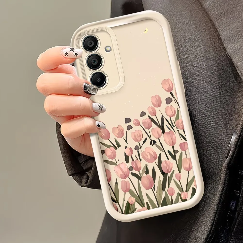 Pink Tulip Print Matte Shockproof Phone Case with Ladder Edge Design