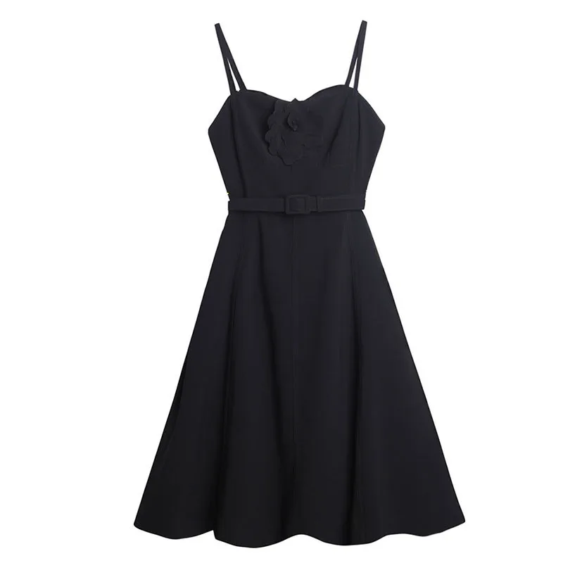 

Fashion Black Maxi Camisole Dresses Embroidered Roses Design Waist Up A-Line Dress For Women Y2K Clothes High End Streetwear New