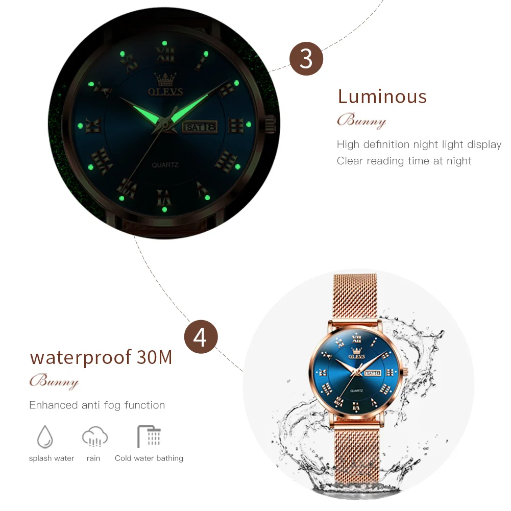 OLEVS Luxury Brand Women's Watches Week Calendar Fashion Quartz Watch Milanese Mesh Belt Waterproof Luminous Original Female