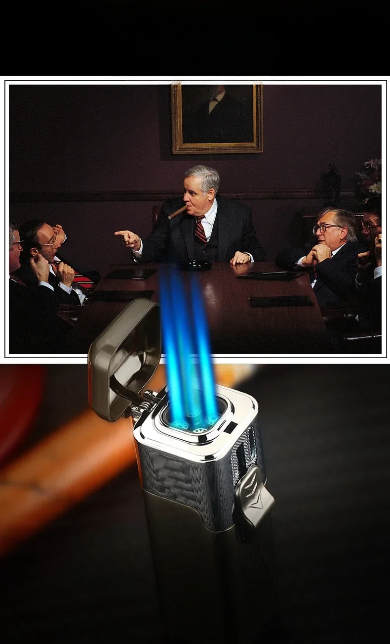 Description Picture 4 of itemCreative Strong Firepower Butane Gas Lighter Turbo 4 Torch Blue Flame High Pressure Jet Straight Cycle Cigar Lighter Men's Gift