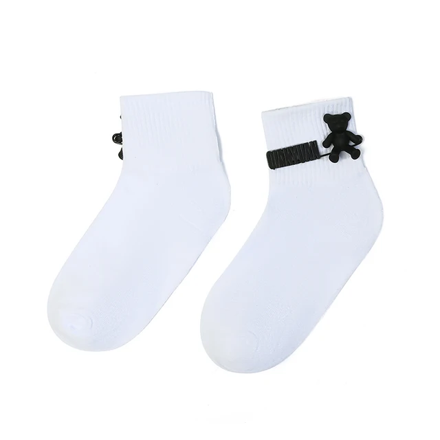 Black and White Pure Color Tube Socks Female Pin Bear Lovely Personality Tide Socks INS Korean Students Long Tube Cotton Socks 26
