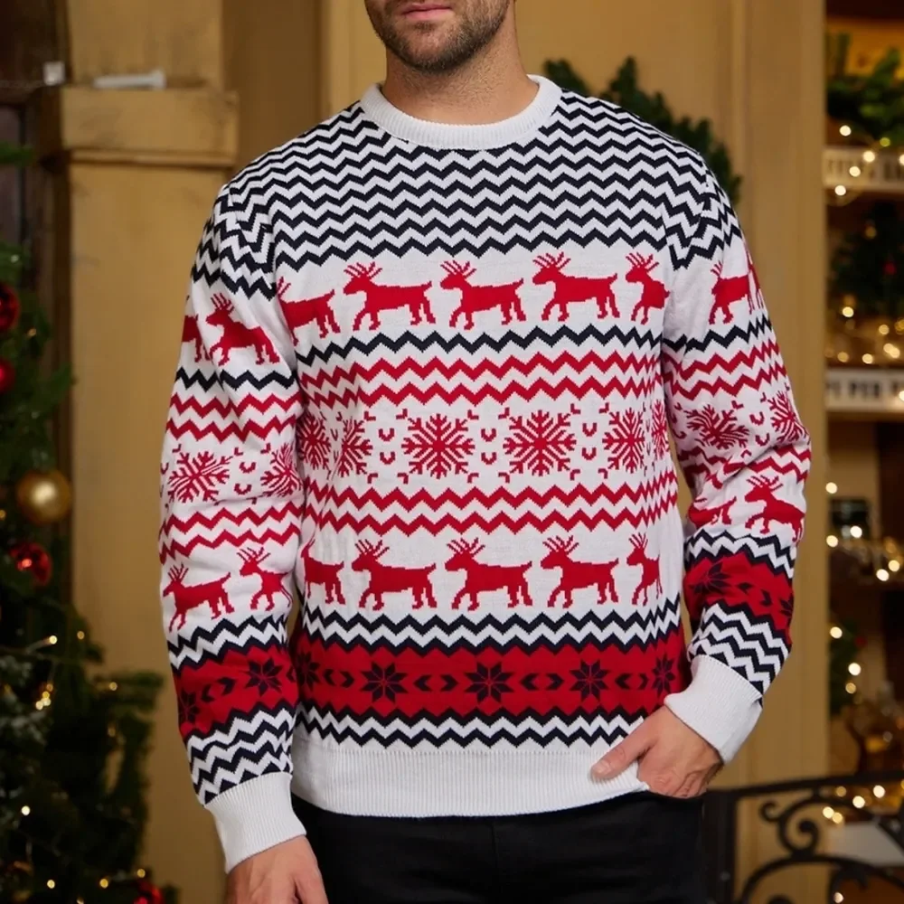 

2023 Winter New Christmas Male Sweater Fashion Round Neck Snowflake Elk Knit Pullovers Long Sleeve Men Sweatshirt