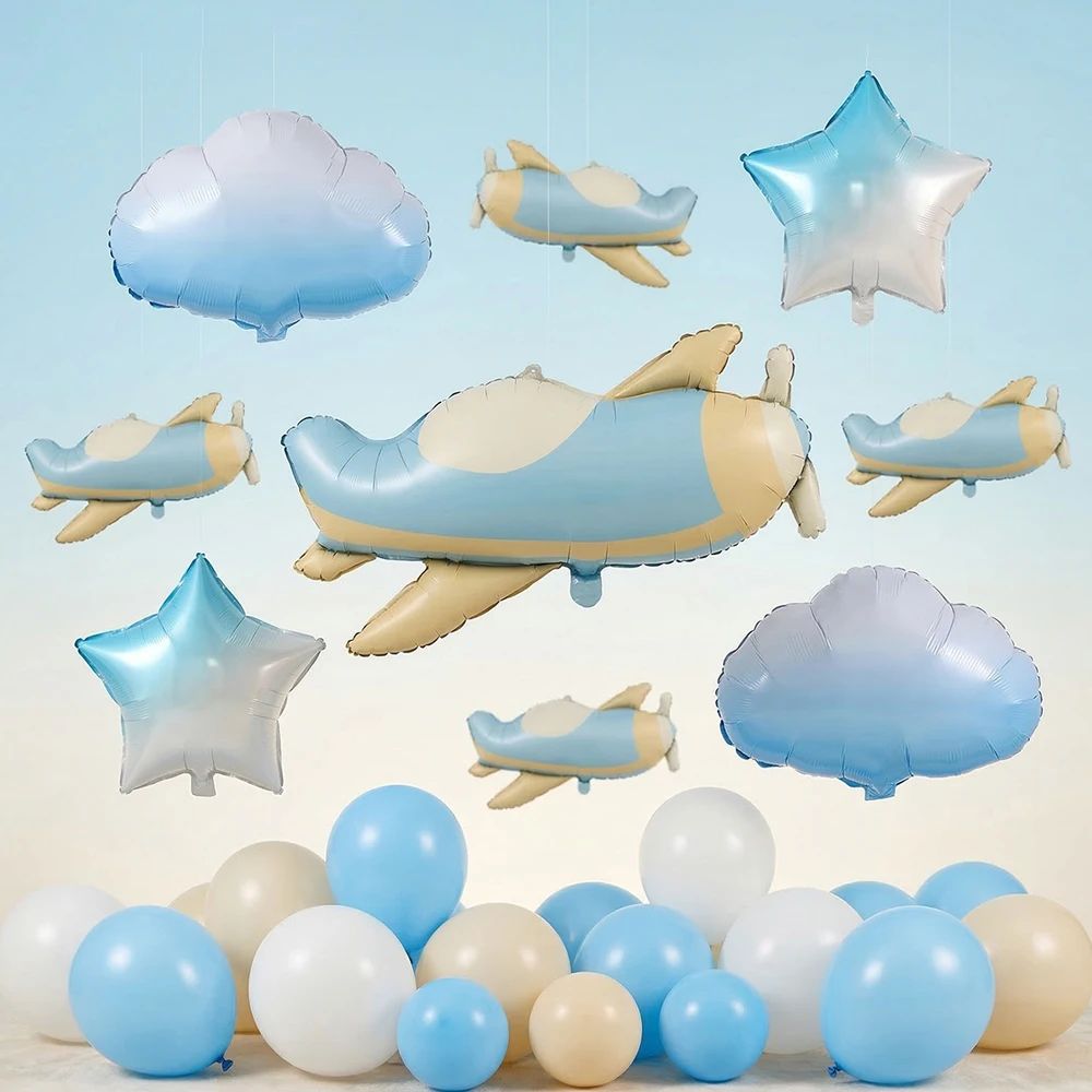 Niedliche Matte Flugzeug-Ballons Wolken-Stern-Folienballons Hubschrauber für Babyparty-Dekoration Flugzeug-Geburtstagsparty-Zubehör