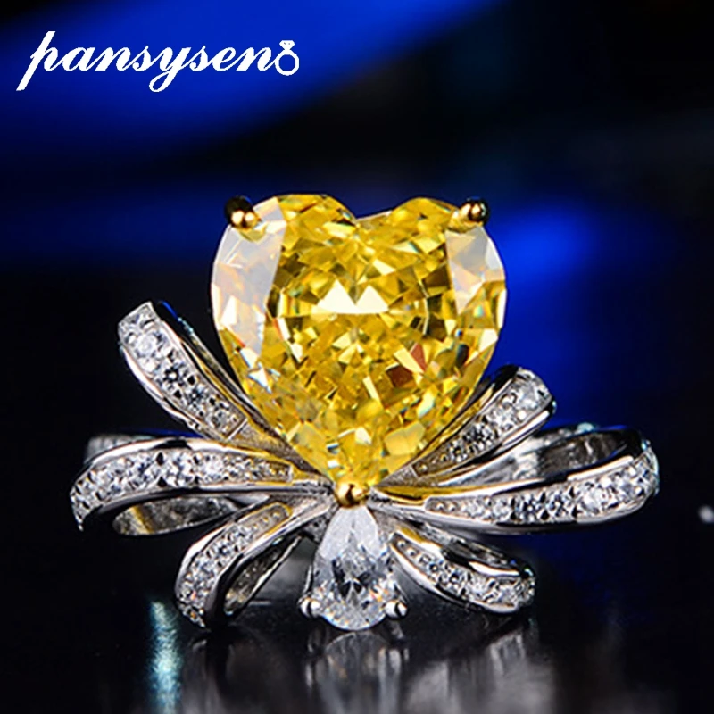 

PANSYSEN Solid Silver 925 11CT Heart Cut Citrine High Carbon Diamond Wedding Engagement Ring 18K White Gold Plated Fine Jewelry