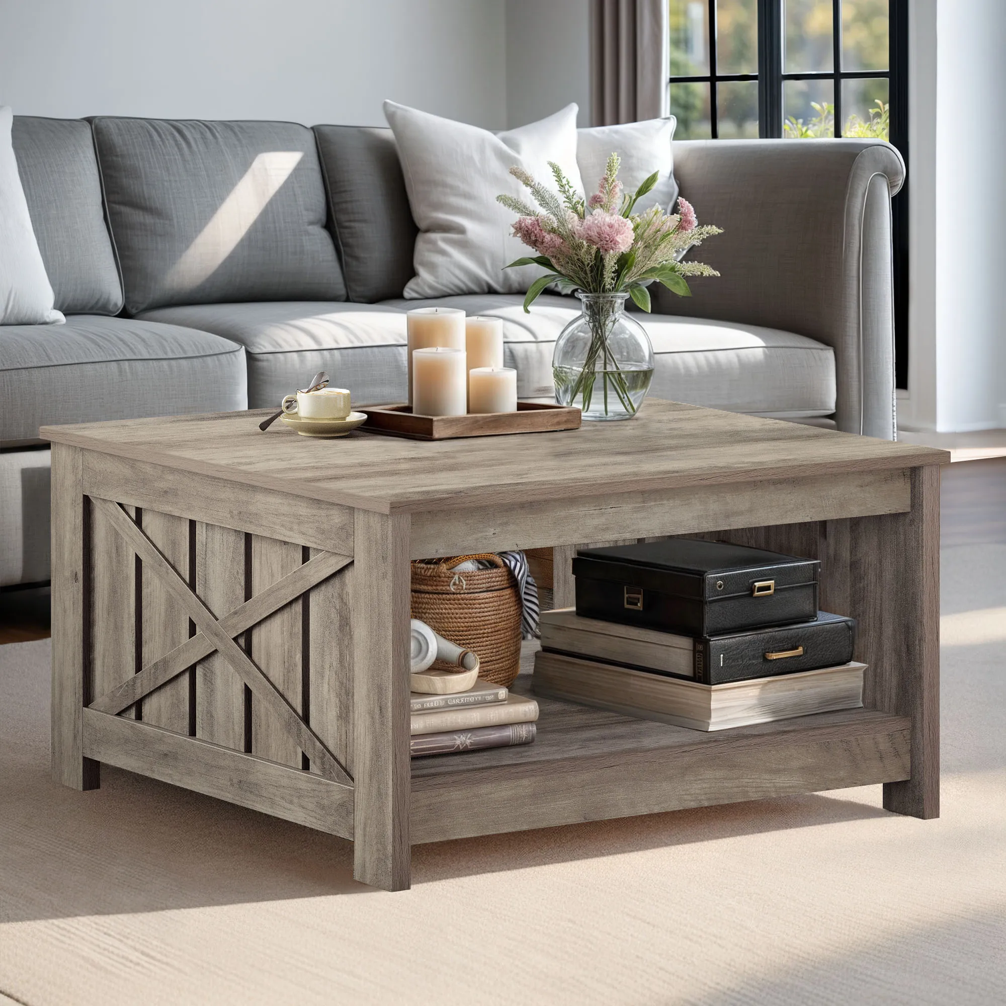 Coffee Table Farmhouse Coffee Table with Storage Rustic Wood Cocktail Table,