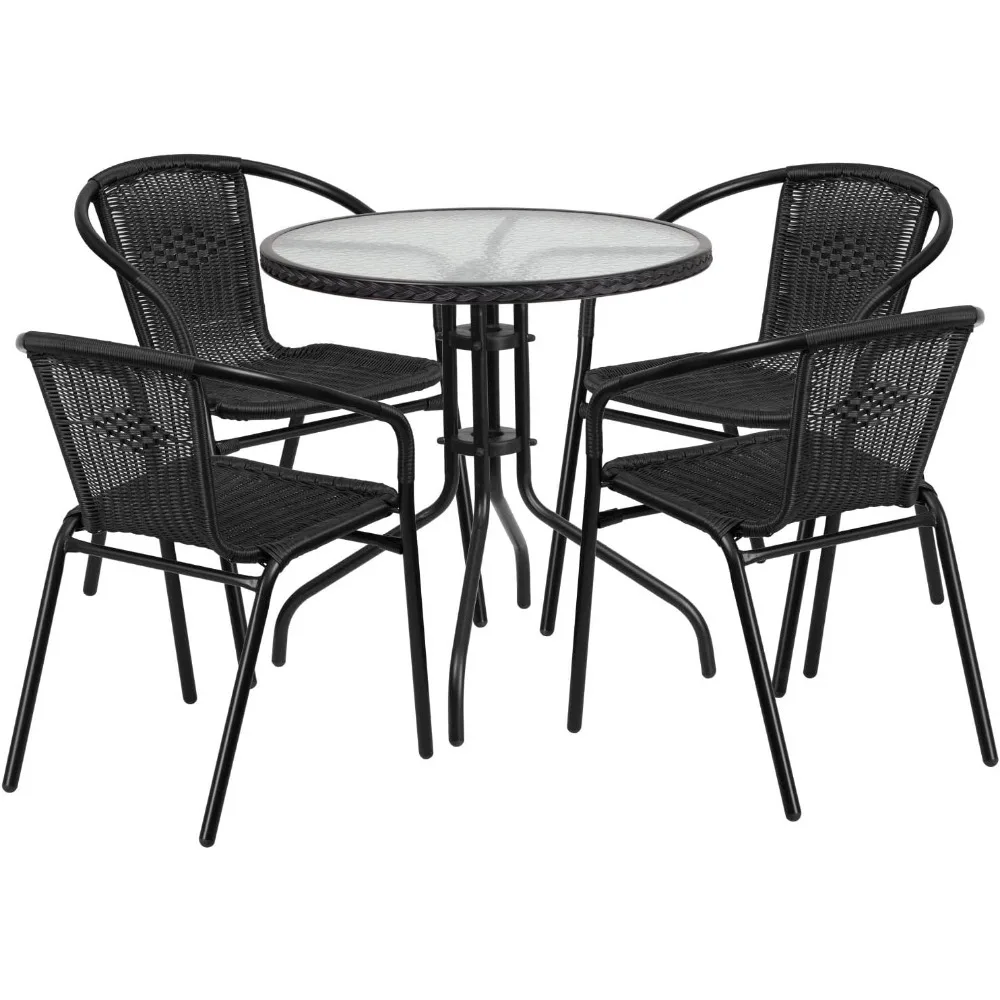 

Furniture 3-Piece Patio Dining Set with Round Glass Metal Table and 2 Stackable Rattan Chairs, Indoor/Outdoor Table and Chairs
