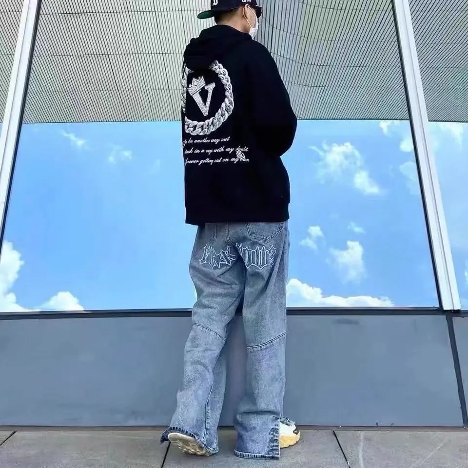 2022 New Fashion Letter Embroidery Vintage Men Baggy Jeans Trousers Ankle Button Distressed Hip Hop Denim Pants Luxury Pantalon