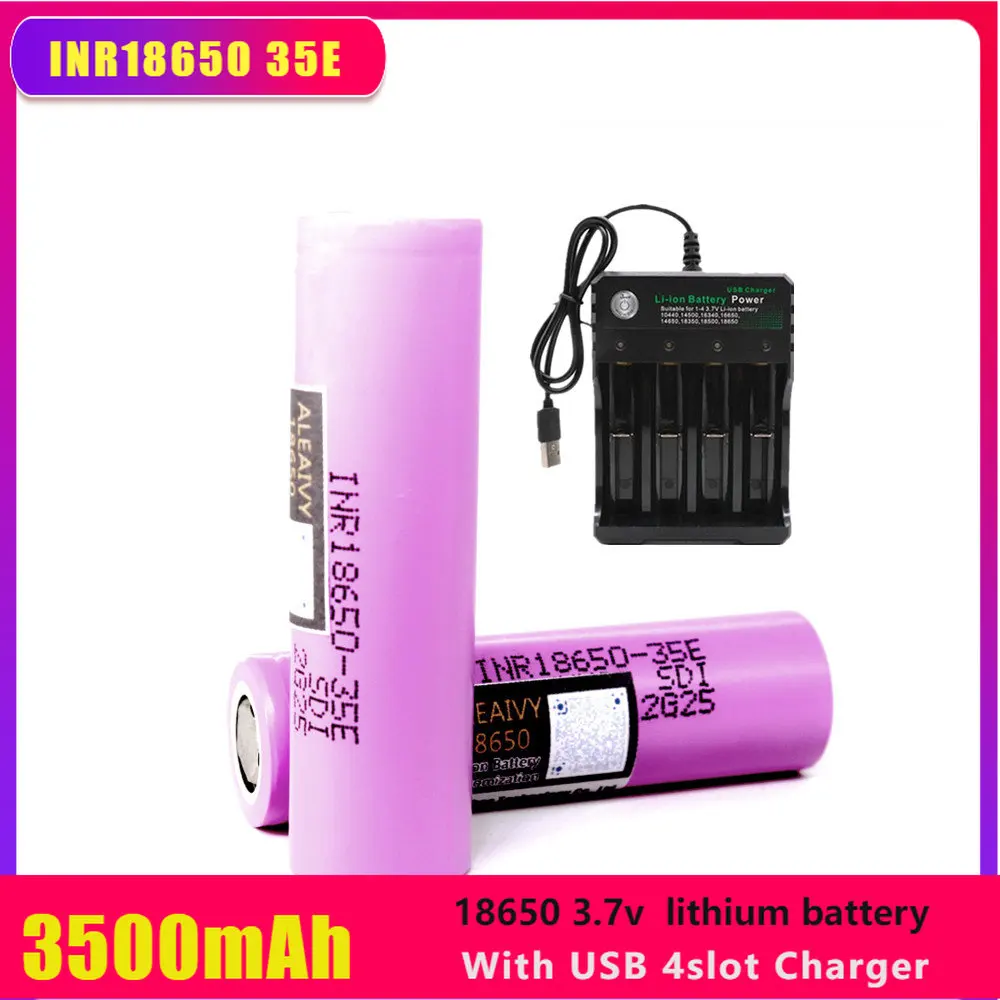 

Aleaivy INR18650 35E rechargeable lithium battery 3.7v 3500mAh 25A for electric toy tools flashlight small fan+USB 4slot charger
