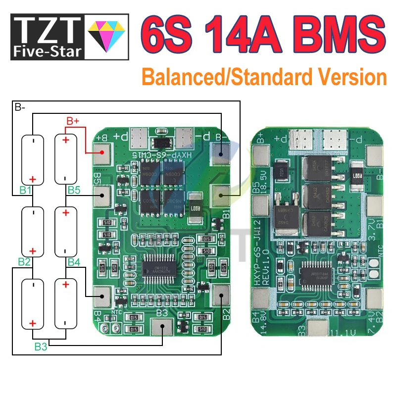 TZT 6S 22,2V 25,2V 14A 20A 18650 Li-Ionen-Lithium-Batterie-Ladeschutzplatine mit ausgewogenem PCB BMS 6er-Zellenmodul