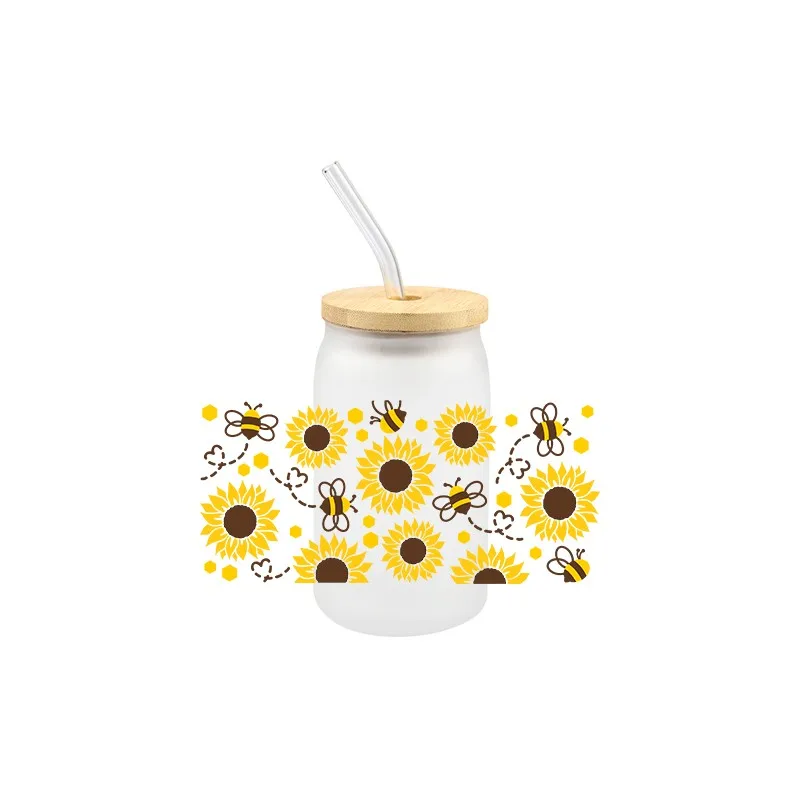 Bees Theme UV DTF Transfer Sticker Cartoon Cute Unique Decals For Wraps Cup Libbey Glass Cup Design Sticker 3D