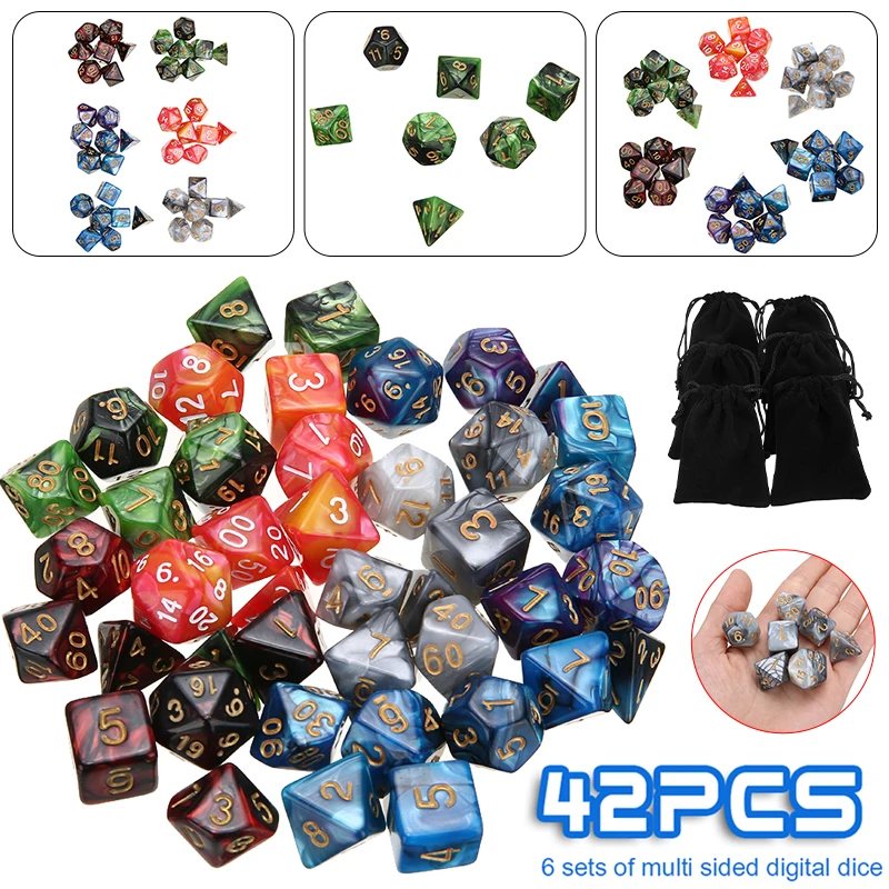 

42pcs/6set Multi-sided Digital Dice High Quality Polyhedral Dices + Bag For Playing Board Game Accessaries