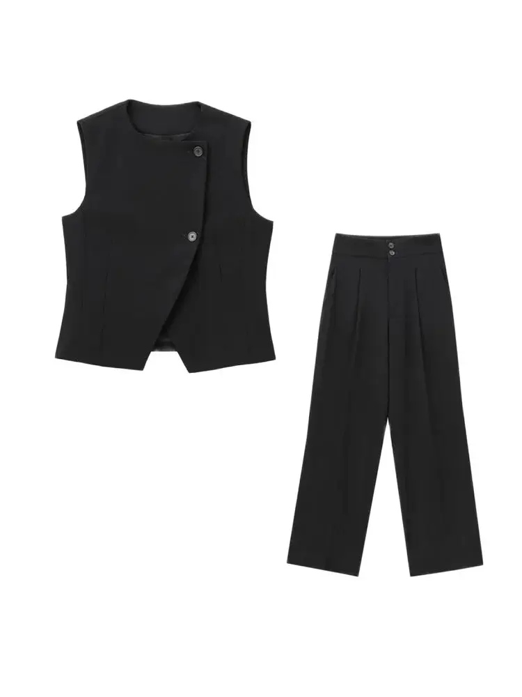 Frauen Mode Vorderen Knopf Asymmetrische Weste Und Mittlere Taille Vorne Darts Gerade Hosen Weibliche Zwei Stück Sets Mujer