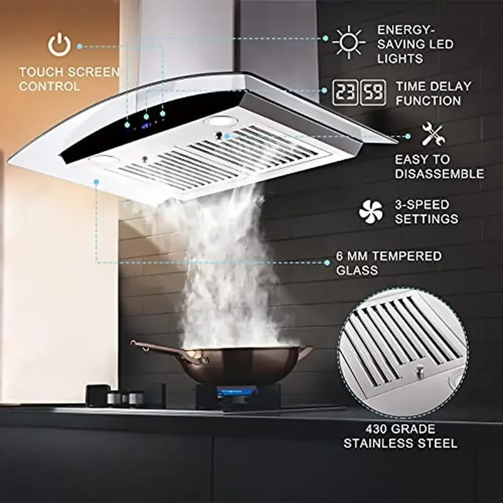 30" Stainless Steel Wall Mount Range Hood with Ducted/Ductless Convertible Duct System 700 CFM Ventilation Baffle Filters Touch