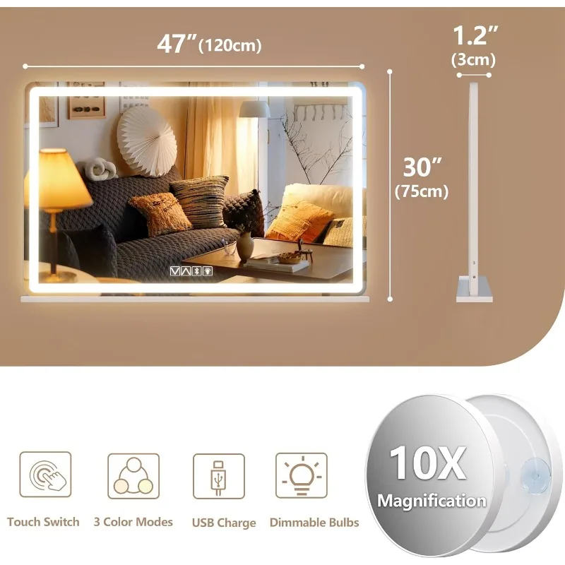 Vanity Mirror with Lights and Bluetooth Speaker, 47.2" x 29.5" LED Makeup Mirror, Lighted Makeup Mirror with Dimmable 3 Modes