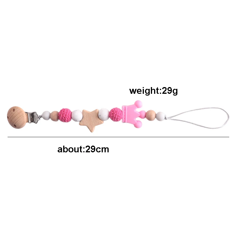 Baby Pacifier Chain Beech Wood Clips Pentagram Teether Silicone Crown Round Beads Teething Chain For Care Soother Chew Toys