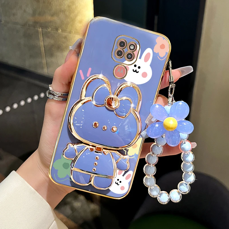 Elegant Flower Strap Makeup Mirror Rabbit Phone Holder Case - Stylish Stand Cover