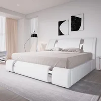 King Size Bed Frame with Iron Piece Decor, Faux Leather Upholstered Platform Beds with Adjustable Headboard, King Bed Frame 1