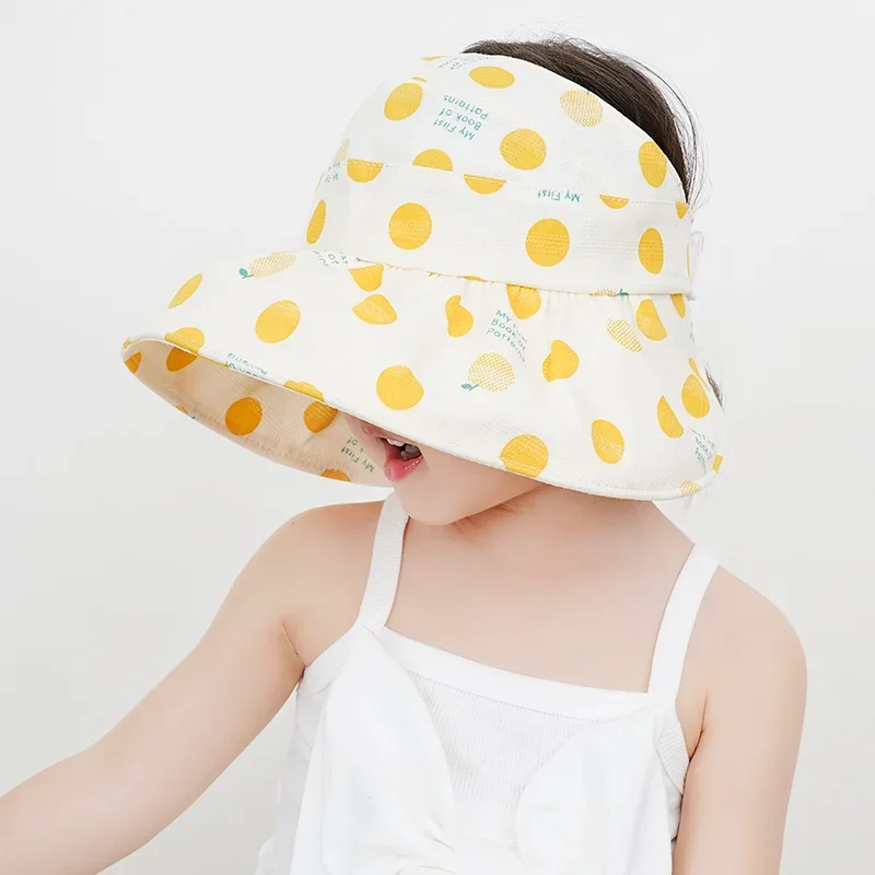 Summer Korean Cute Fashion Kids Foldable Dot Sun Protector Hats Baby Beach Outdoor with Windproof Rope Baseball Caps Headband