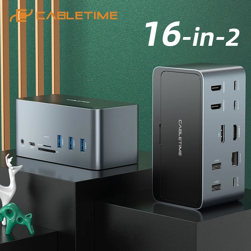

CABLETIME USB C Docking Station HUB USB C to 4K HDMI DP RJ45 1000Mbps PD 100W USB3.0 for MacOS Windows Tablet C419