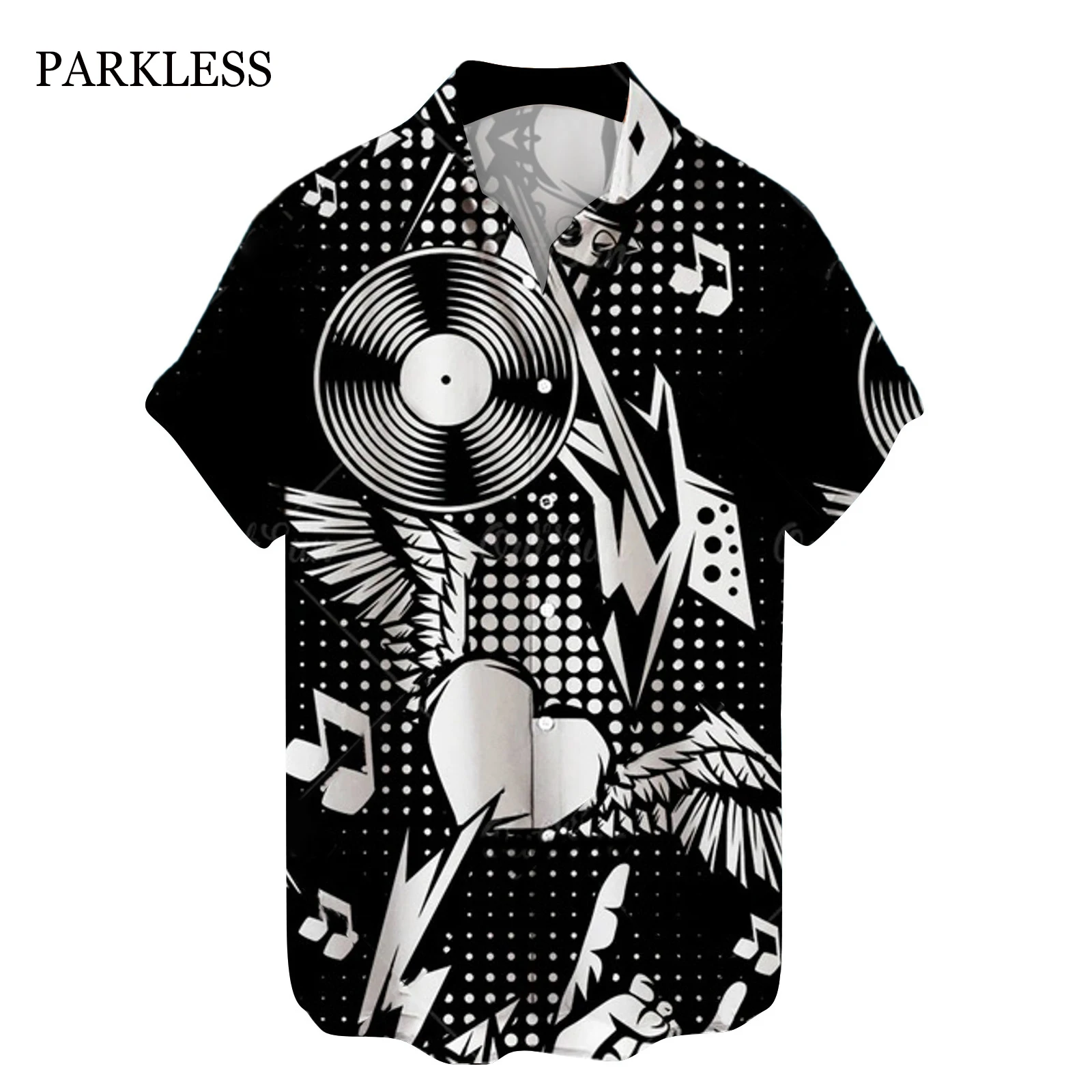 

Summer Shirt Men 2023 CD Record Hawaiian Musical Note Print Man Short Sleeve Shirt Men's Beach Travel Casual Oversized Clothing