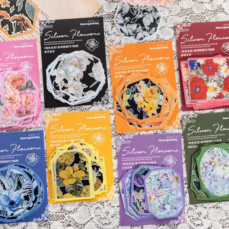 30 teile/paket Haustier Silber Blumen Briefpapier Aufkleber Tasche Aquarell Vergoldung Stanzen Pflanzen Handbuch Dekoration Material Collage