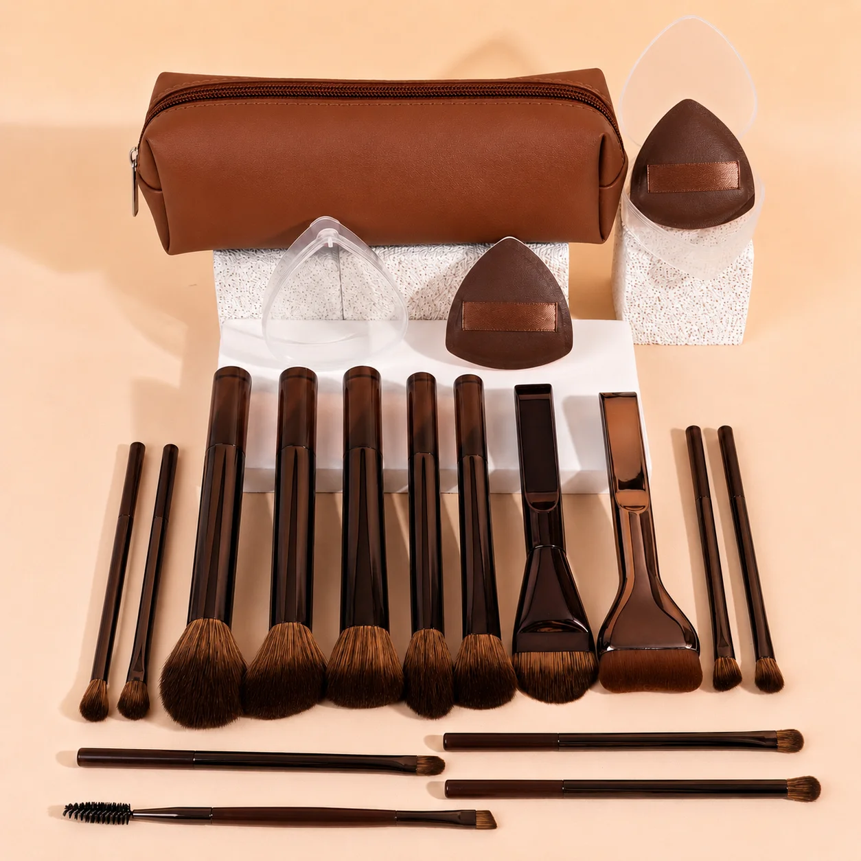 Makeup Brush Set - 18pcs High-Value Multi-Functional - Including 15 Makeup Brushes + 2 Powder Puffs + Makeup Bag - Travel-Friend - 3