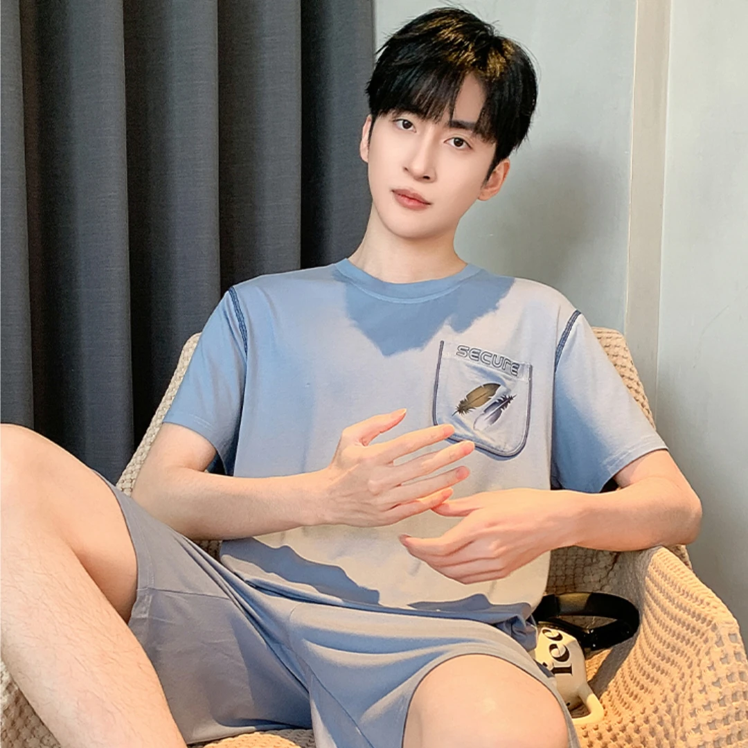 2024 Modal pajamas men's summer suit short sleeved shorts summer ice feeling youth men's home clothing can be worn externally